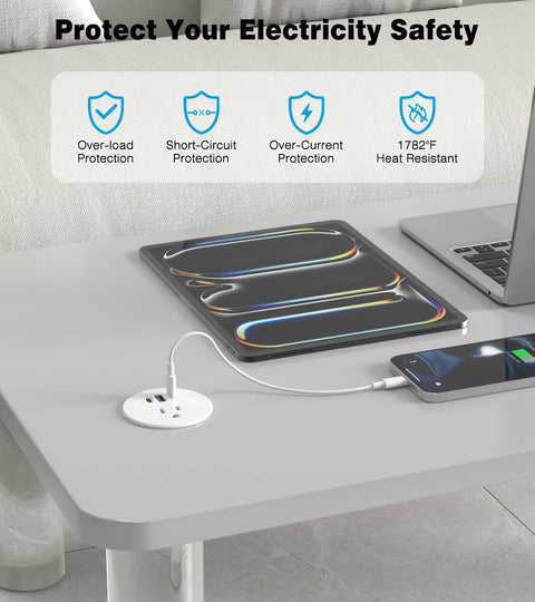 Recessed Power Strip Two Pack Desk Grommet Outlet 2.5 Inch on a desk with laptop and phone charging using USB ports.