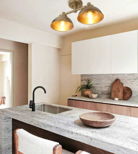Two Light Semi Flush Mount Ceiling Fixture With Industrial Metal Shade Vintage Inspired Modern Style Lighting in kitchen