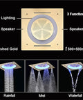 Upgrade Your Bathroom Game With This Fire Smart Shower System Featuring Thermostatic Control Built In Bluetooth Speaker And Plush Ceiling Rainfall Head In Sleek Matte Black For Total Luxury Vibes with brushed gold LED shower head