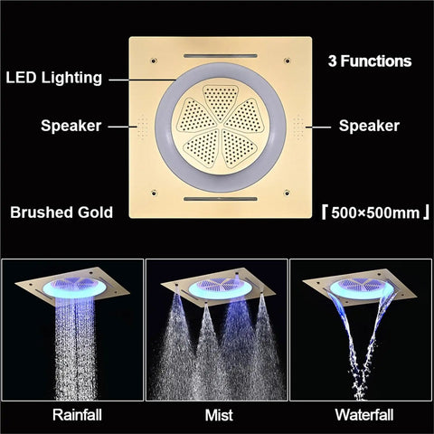 Premium Smart Led Lighting Shower System With Thermostatic Diverter Large Rainfall Ceiling Head Bluetooth Speaker Touch Phone Remote Brushed Gold Set For Chill Home Spa Vibes, 500x500mm brushed gold ceiling rain shower with LED and speakers.