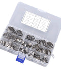 Rock Solid 80 Piece Stainless Steel Hose Clamp Assortment Kit With Heavy Duty Pliers For Serious Mechanics And DIY Projects Offering 9 Size Ranges To Handle Any Job With Extreme Durability And Rust Resistance. plastic organizer with stainless steel hose clamps by size