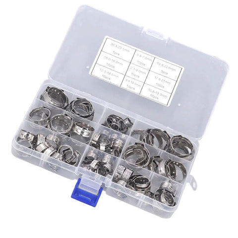 Rock Solid 80 Piece Stainless Steel Hose Clamp Assortment Kit With Heavy Duty Pliers For Serious Mechanics And DIY Projects Offering 9 Size Ranges To Handle Any Job With Extreme Durability And Rust Resistance. plastic organizer with stainless steel hose clamps by size