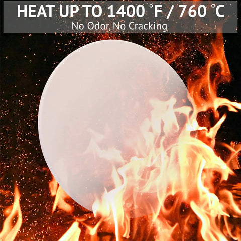 14 Inch Cordierite Pizza Stone For Oven And Grill Heavy Duty Baking Stone For BBQ Ideal For Crispy Crust Pizza Bread And More Delivers Restaurant Quality Home Baked Goods In Any Oven Grill Or Smoker shown with flames.
