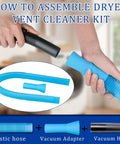 Pro Grade Dryer Vent Cleaning Kit with flexible blue hose and vacuum adapter assembly guide