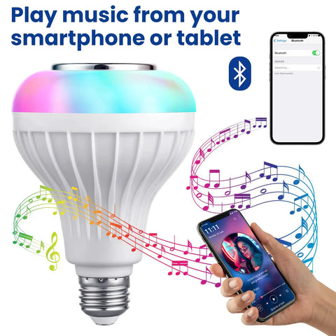 Color Changing Bluetooth LED Light Bulb With Built In Speaker Remote And App Control E26 Base White To Multicolor Lit Mood Lighting For Home Parties Bedroom And Living Room Easy Setup
