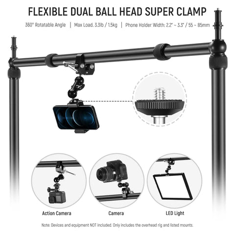Overhead Camera Mount Rig With Dual Ball Heads And Heavy Duty Clamp for cameras, lights, phones, adjustable for professional filming