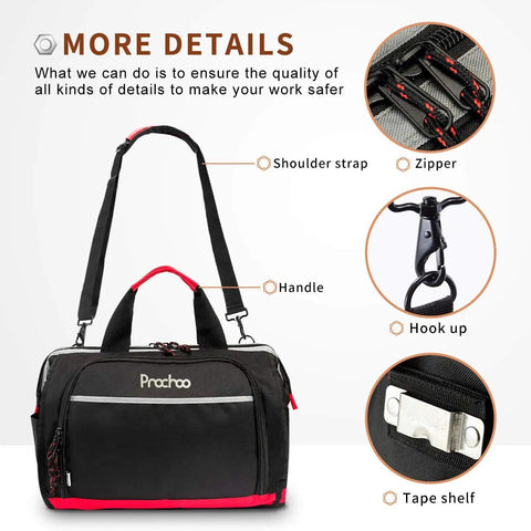 Heavy Duty 16 Inch Wide Mouth Tool Bag With 25 Pockets Waterproof 600D Polyester Organizer Built In Bottom Baffle and Details