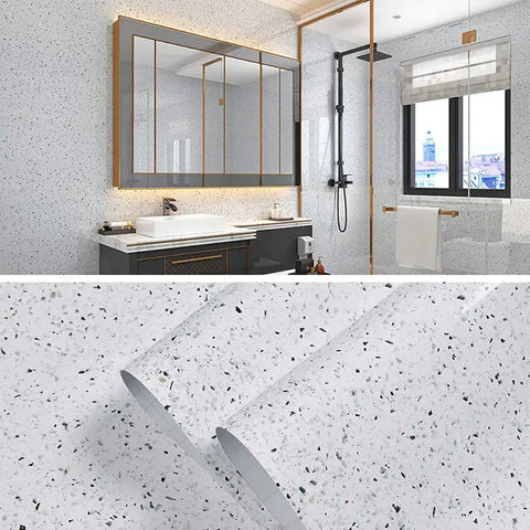 White Glossy Marble Contact Paper Self Adhesive Peel and Stick Wallpaper used in a modern bathroom setting, waterproof and easy to clean.