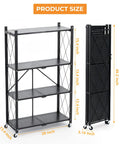 Heavy Duty 4 Tier Foldable Storage Shelf, Massive Rolling Wire Rack With Pivoting Casters, Dead Simple Tool Free Assembly, Total Game Changer Cube Organizer For Kitchen Pantry Garage Or Home Office, Black dimensions showing height and width.