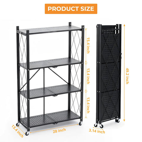 Heavy Duty 4 Tier Foldable Storage Shelf, Massive Rolling Wire Rack With Pivoting Casters, Dead Simple Tool Free Assembly, Total Game Changer Cube Organizer For Kitchen Pantry Garage Or Home Office, Black dimensions showing height and width.