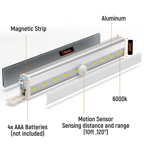 Motion Sensor LED Lights 6 Pack Battery Operated With 10 LEDs Per Bar, showing aluminum bar with magnetic strip and dimensions labeled.