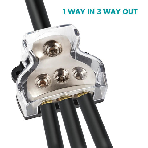 Beefy 3 Way Zinc Alloy Power And Ground Distribution Block For Car Audio, 0/2/4 Gauge In, 4/8 Gauge Out, Dual Pack Amplifier Wiring Splitter, Heavy Duty Ground Or Power Block For Auto Stereo, clear 1-to-3 wiring block