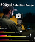 Person using Long Range Thermal Monocular For iPhone With 13mm Lens And Tactical Handle Infrared Imager for night vision in outdoor setting