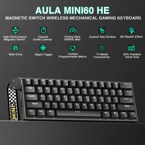 Smooth Tap 60 Percent Wireless Gaming Keyboard Featuring Hall Effect Magnetic Keys And Insanely Quick Rapid Trigger Tech, compact 60% layout.