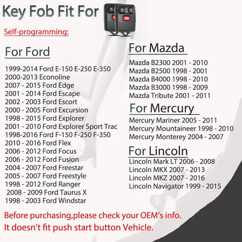 Replacement Ford Key Fob With Keyless Entry compatibility chart for Ford, Mazda, Mercury, and Lincoln models