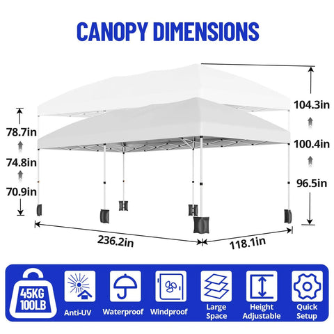 Diagram showing dimensions of 10x20 Heavy Duty Pop Up Canopy With 6 Removable Sidewalls Commercial Wedding Tent And Event Shelter.