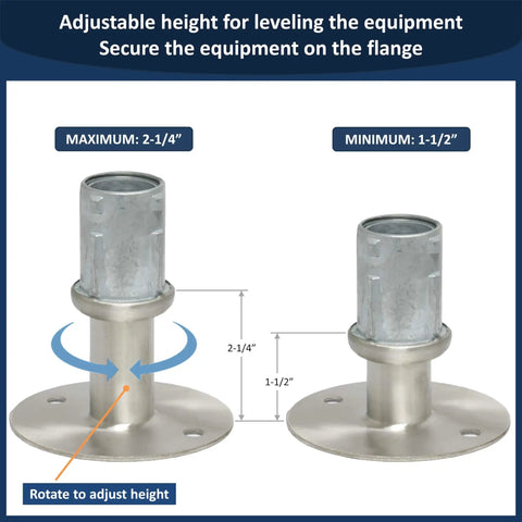 Set Of Eight Stainless Steel Flanged Feet With Three And One Half Inch Flanges And One Inch Adjustable Height For 1.625 Inch OD Tubing showing adjustable height mechanism.
