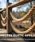 Thick 1.2 Inch Hemp Rope 100 Feet Twisted Manila Style used as railing for outdoor landscaping, showing natural fiber texture.