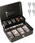 Beefy Locking Cash Box With Money Tray For Cash Registers, Metal Safe Box With Coin Tray And Bill Slots, four keys, open view