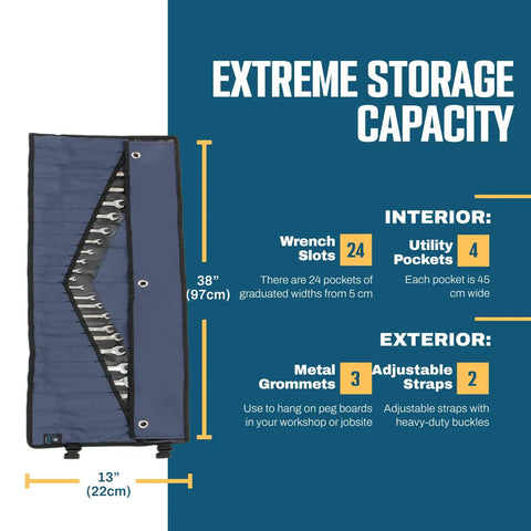 Image of Roll Up Wrench Organizer With 24 Slots And Built In SAE And Metric Labels open with wrenches visible and size indicators.