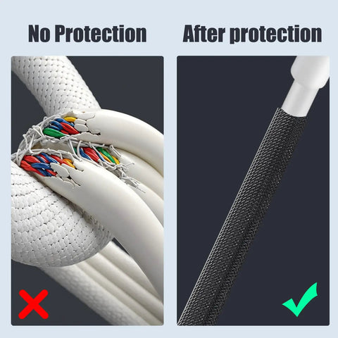 Comparison of cables without and with Starlink Cord Protector Kit With 49 Ft Wire Loom Tubing Split Sleeving applied