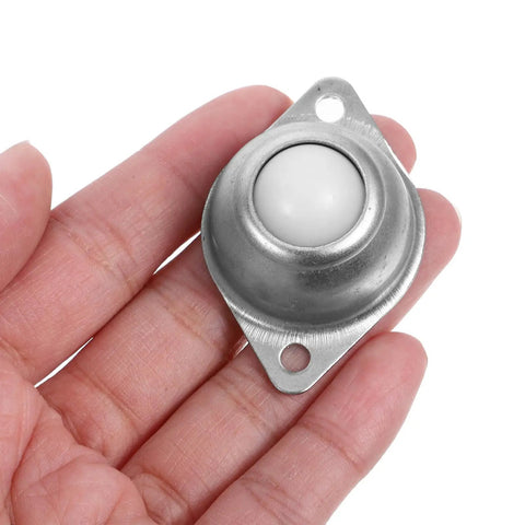 Dope 12 Piece Carbon Steel Swivel Ball Transfer Bearing Set With Two Hole Screw Mount Zinc Plated Finish displaying one unit in hand.