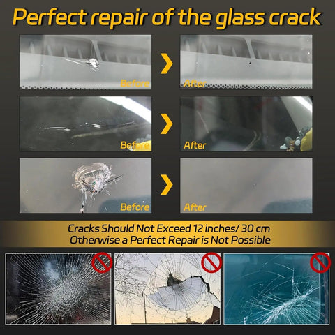 Windshield Chip Repair Kit With Intelligent Nano Glass Repair Device shown in before and after crack repair results.