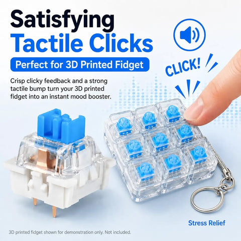 90 Pack Blue Keyboard Clicky Mechanical Switches for 3D Printer Projects and DIY Keyboards Includes 5 Keycaps Replacement Kit for Mechanical Keyboard Nerds and Fidget Clicker Builders, blue tactile switches in clear fidget keypad