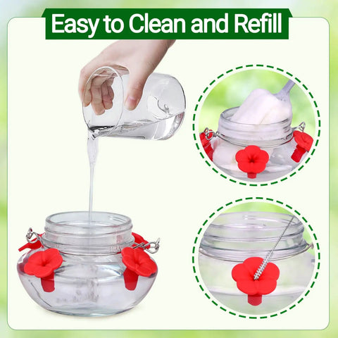 Hummingbird Feeder With Cute Mason Jar Design showing top fill and easy cleaning with four silicone flower ports