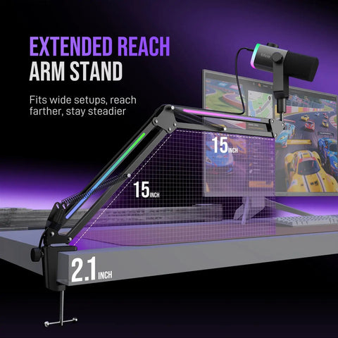 Extended reach arm stand for Gaming Microphone Kit For PC With XLR And USB Dynamic Mic Cardioid Mic Set RGB lighting visible