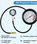 JoyFans oil pressure tester tool with dual 0-140 psi gauge, flexible rubber hose and brass fittings, front view
