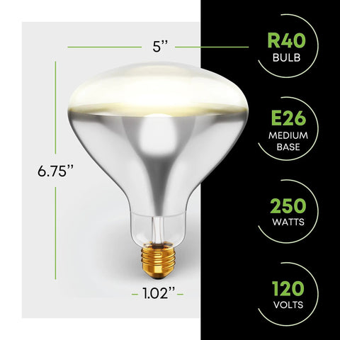 250 Watt R40 Heat Lamp Bulbs Pack Of 2 Clear Incandescent Reflector Lamps With E26 Base 120V 2000 Hour Rating, bulb diagram