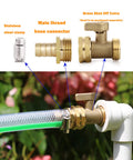 Solid Brass Garden Hose Repair Connector Kit With Clamps For Male And Female Fittings Five Eighth Inch US Thread Three Piece Set attached to garden hose and faucet.