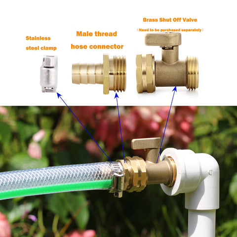 Solid Brass Garden Hose Repair Connector Kit With Clamps For Male And Female Fittings Five Eighth Inch US Thread Three Piece Set attached to garden hose and faucet.