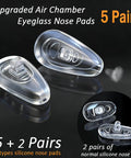 Five Pairs Of Air Chamber Silicone Eyeglasses Nose Pads 15x8mm Upgrade Replacement Kit showing silicone pads and accessories