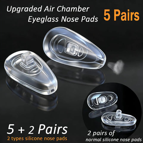 Five Pairs Of Air Chamber Silicone Eyeglasses Nose Pads 15x8mm Upgrade Replacement Kit showing silicone pads and accessories