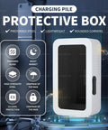 Tough As Nails Heavy Duty Outdoor EV Charger Station Cover With Lock Guard Security And Smart Cool Airflow Design For Floor Standing Electric Vehicle Power Hub Housing Black, showing white protective box with tempered glass.