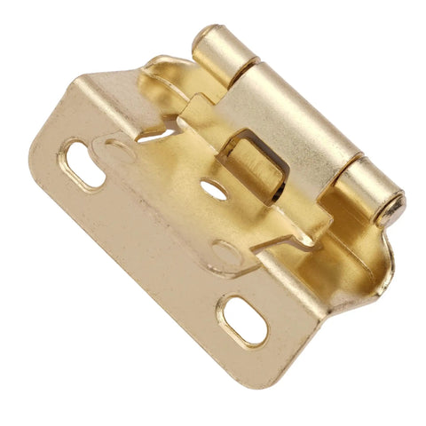 Close-up of 50 Pack Half Inch Overlay Brushed Gold Cabinet Hinges For Face Frame Cabinets, soft close semi concealed hinge