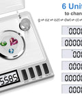 Digital Milligram Scale for ultra precise 50g capacity with 0.001g steps, spot on accuracy, tare function, auto off, six weighing units including g, oz, ozt, dwt, ct, gn, plus handy accessories for powder and lab use, stainless steel platform
