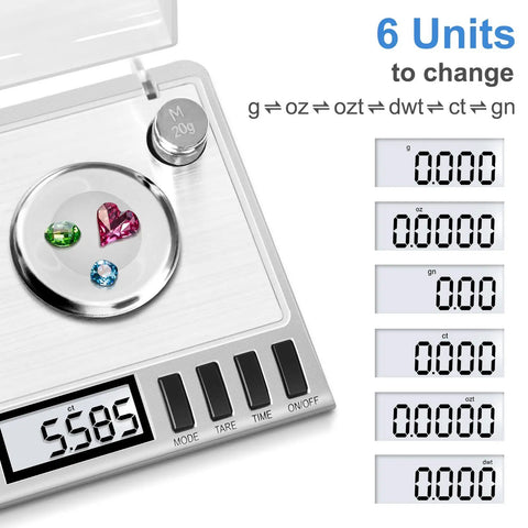 Digital Milligram Scale for ultra precise 50g capacity with 0.001g steps, spot on accuracy, tare function, auto off, six weighing units including g, oz, ozt, dwt, ct, gn, plus handy accessories for powder and lab use, stainless steel platform