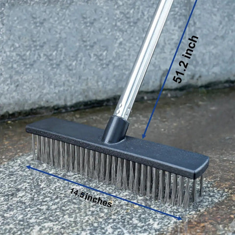 Heavy Duty Push Broom Brush With Tough Stainless Steel Bristles And Solid Handle For Patio Driveway Concrete Deck And Tile Floors Hard As Nails Cleaner 14.5 inch brush head on rugged surface