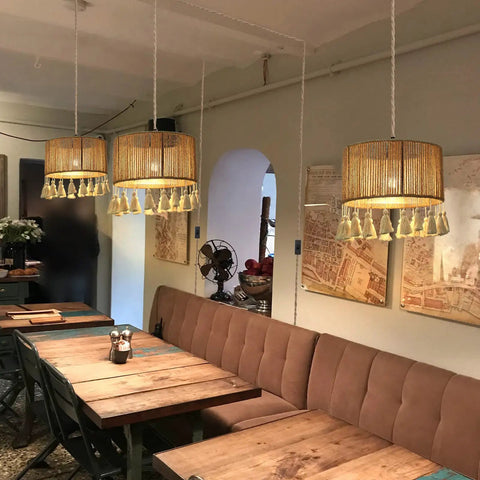Boho Hemp Rope Pendant Light With Plug In Cord 15ft Hanging Lamp With On Off Switch UL Certified Socket above table area