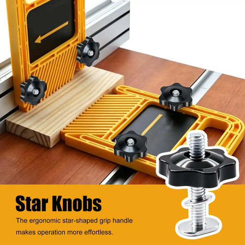 Star knobs from 30 Piece 1/4-20 T Track Bolts And Knobs Kit for Woodworking Jigs and Fixtures mounted on a woodworking jig.
