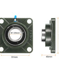 Two Pack UCF207-22 Pillow Block Bearings With 1 3 Eighths Inch Bore Self Alignment, Solid Cast Iron Base, Square Flange Mounted, Chrome Steel Bearings, Beefy Heavy Duty Build, Includes Four Screws and Two Wrenches. Front view with 91mm square flange