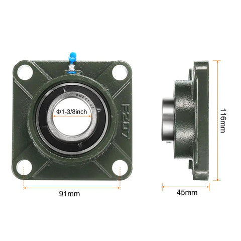 Two Pack UCF207-22 Pillow Block Bearings With 1 3 Eighths Inch Bore Self Alignment, Solid Cast Iron Base, Square Flange Mounted, Chrome Steel Bearings, Beefy Heavy Duty Build, Includes Four Screws and Two Wrenches. Front view with 91mm square flange