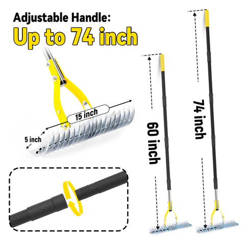 Long Handle Thatch Rake For Lawn With 74 Inch Handle 15 Inch Dethatcher Rake For Grass with adjustable handle shown