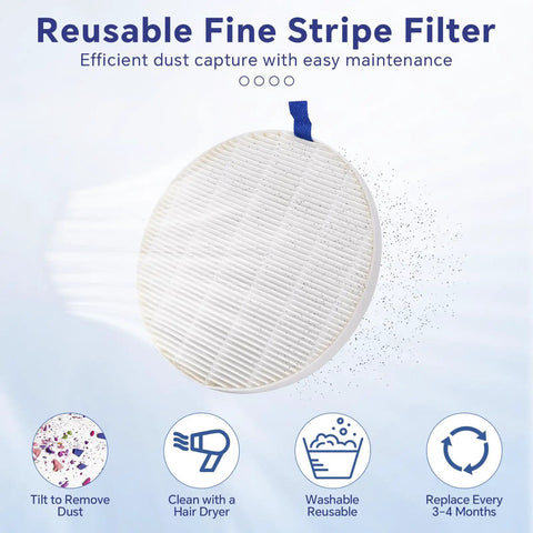 Reusable fine stripe filter for nail dust collectors with tilt to remove dust feature. Efficient, washable, 3-4 month replacement cycle.