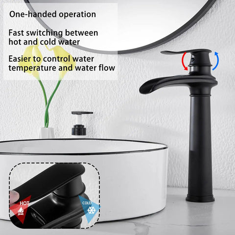 Matte Black Farmhouse Vessel Sink Faucet With One Hole, Tall Above Counter Waterfall Style, Single Handle, Drip Free Ceramic Disc