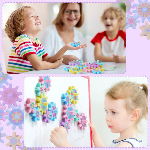 Kids playing with 36 Piece Magnetic Gear Set For STEM Learning And Hands On Magnetic Construction Toy with colorful gears on fridge