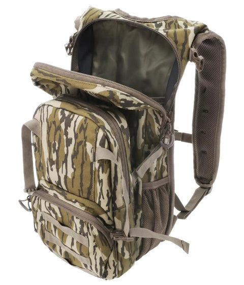 Pro 1075 Backpack in Mossy Oak Bottomland Camo showing open main compartment, wide padded shoulders, elastic side pockets.